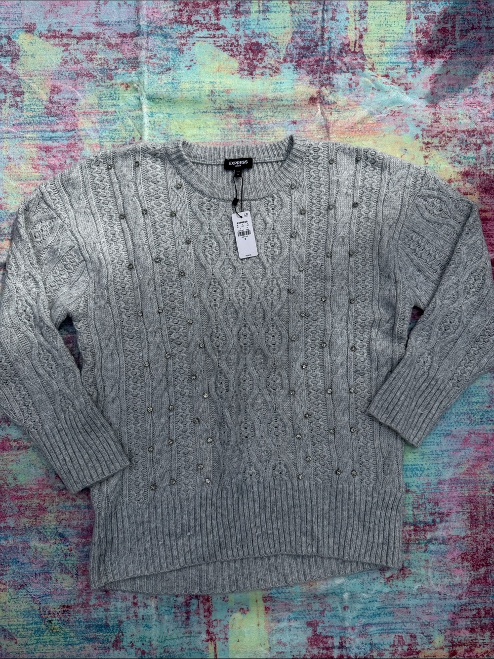 Express Light Gray Embellished Cable Knit Sweater
